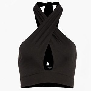New Naked Wardrobe Crossover Halter Crop Top in Black Size Mediun